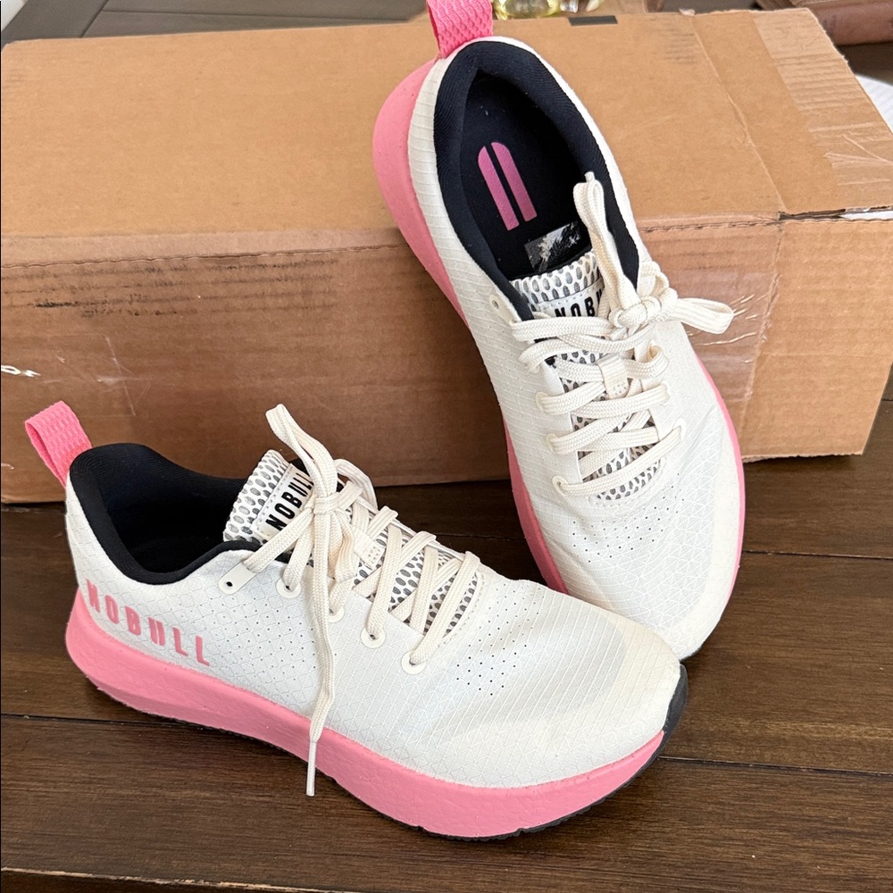 NOBULL Cream Knit Trainers with Pink Midsole